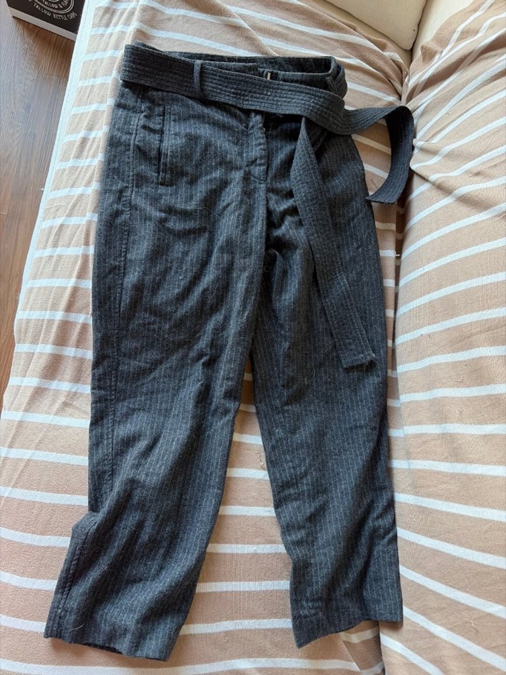 Aritzia Wilfred Tie-Waist Pinstripe Wool Trousers - Size 6 - Dark Gray
